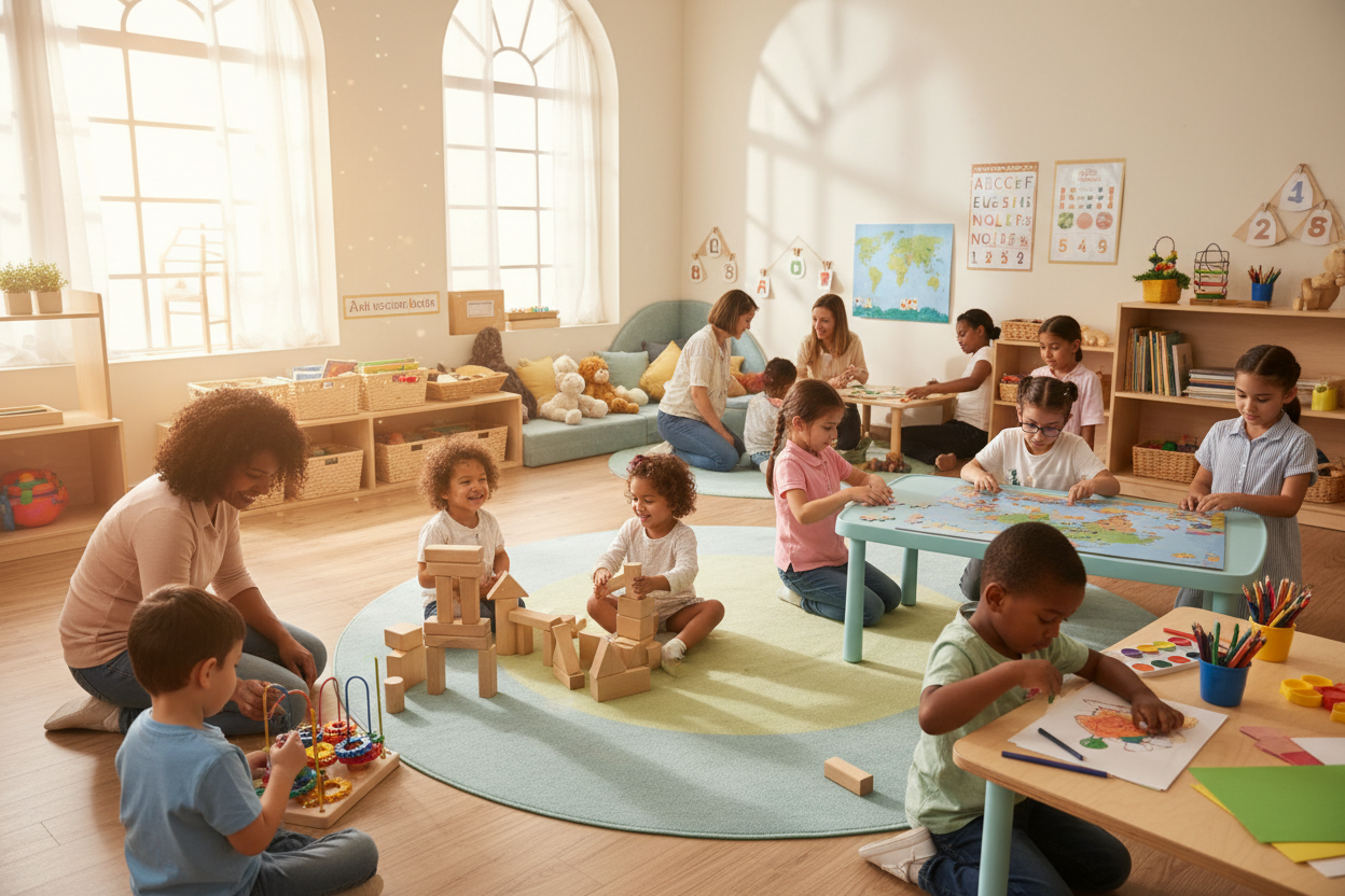 Children playing with educational toys and building blocks in a bright classroom setting