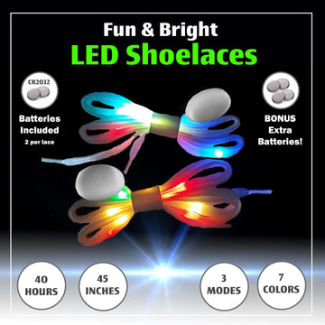 |4 Pairs| 7 Color Strobe LED Light Up Shoe Laces Glow in the Dark White Tie Shoelaces for Sneakers, Skates, 45 inch