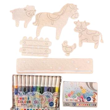 Diy Farm Animal Painting Kit For Kids 3+ Years | Paint, Color & Create Farmyard Scene | 4 Animal Cutouts, 12 Sketch Pens, 10 Wax