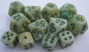Chessex Dice d6 Sets: Marble Green Swirl with Dark Green Pips - 12mm Six Sided Die (36) Block of Dice