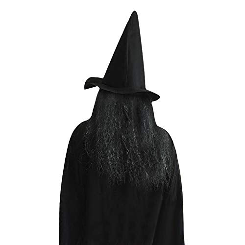 GREUS Old Woman Witch Mask with Hair & Hat Set for Halloween Scary Party Cosplay Costume Decoration (Witch Mask with Hair & Hat