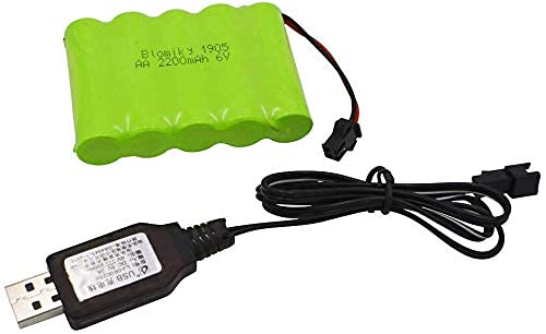 Blomiky 6V 2200mAh Ni-MH 5 AA Rechargeable Battery Pack with SM-2P Black 2 Pin Connector Plug and USB Charger Cable for RC Truck