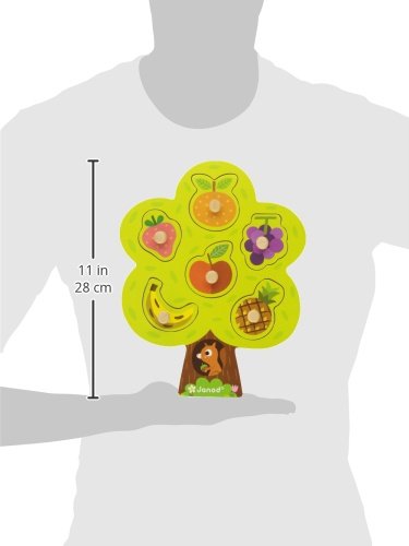 Janod 6Piece Fruit Tree Puzzle Themed Wooden Peg Colorful Jigsaw Puzzle - Encourages Shape Recognition, Dexterity, & Language De