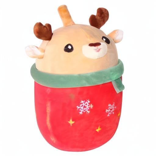 MMguai 14 inch Cute Christmas Deer with Green Scarf,Boba Bubble Tea Plush Soft Pillow Plushies,Large Deer Milk Tea Stuffed Anima