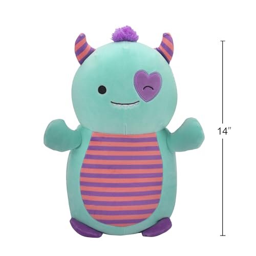 Squishmallows Hugmees Original 14-Inch Leon Teal Monster With Purple Heart Eye Patch - Ultrasoft Official Jazwares Large Plush