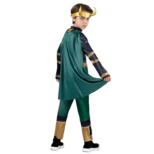 Marvel Loki Official Youth Halloween Costume - Padded Jumpsuit With Detachable Cape And Plastic Headpiece (S) Multi