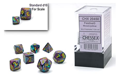 Chessex Dice Set - 10Mm Festive Mosaic/Yellow Plastic Polyhedral Dice Set - Dungeons And Dragons D&D Dnd Ttrpg Dice - Includes 7