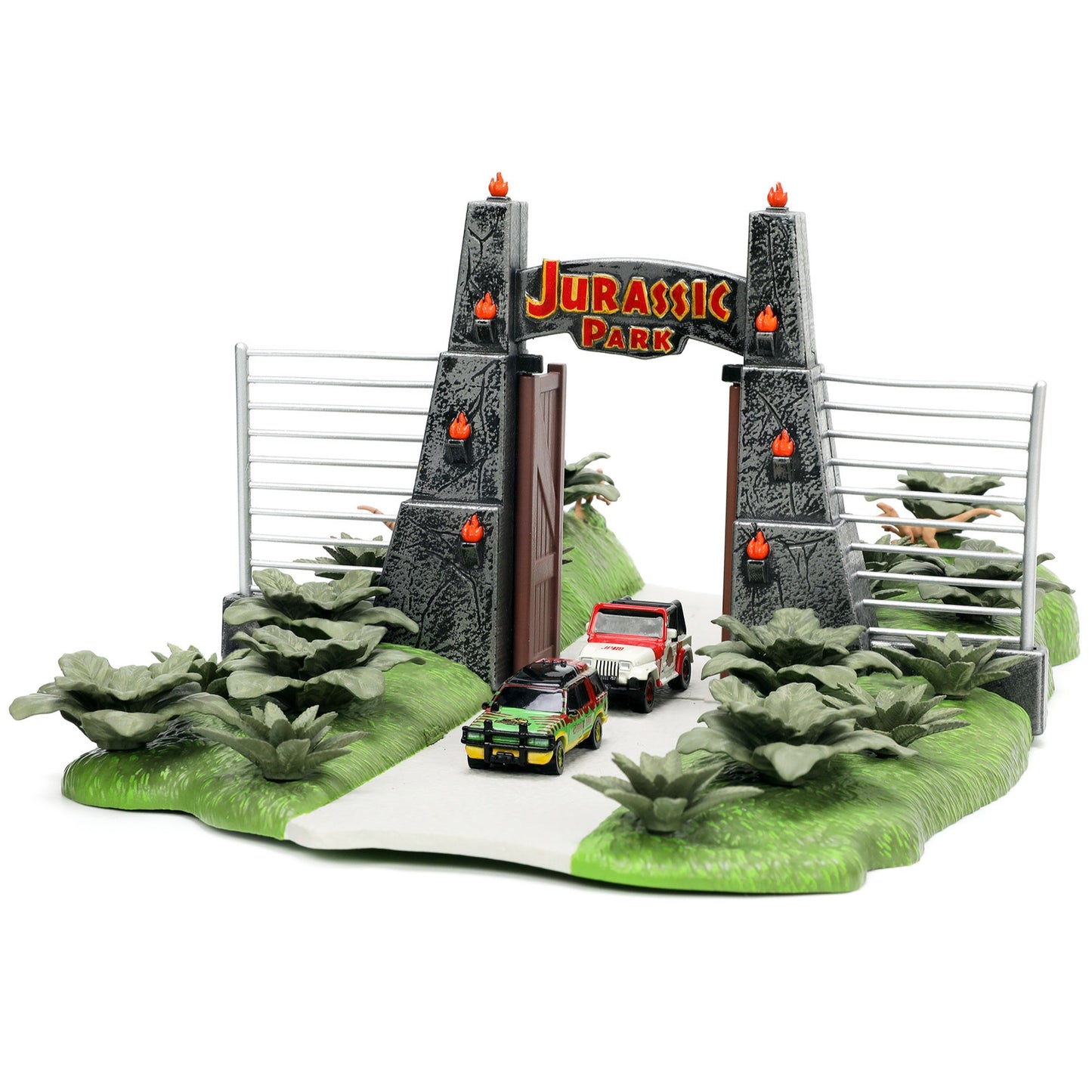 Jurassic Park Theme Park Entrance Diorama With Jeep Wrangler And Ford Explorer 30Th Anniversary ''Jurassic Park'' (1993) Movie '