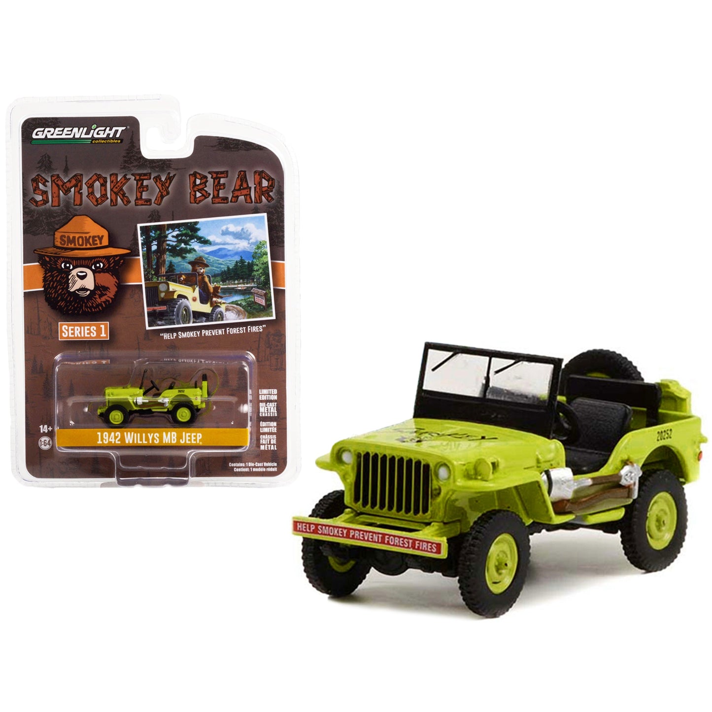 Greenlight 38020A Bright Green Help Smokey Prevent Forest Fires Smokey Bear Series 1 1 By 64 Scale Diecast Model Car For 1942 Willys Mb Jeep