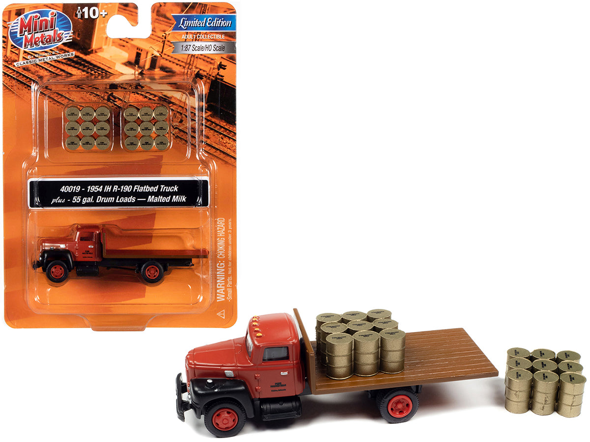 1954 Ih R-190 Flatbed Truck Brown And Two 55 Gallon Drum Loads ''Pure Malted Milk'' 1/87 (Ho) Scale Model By Classic Metal Works