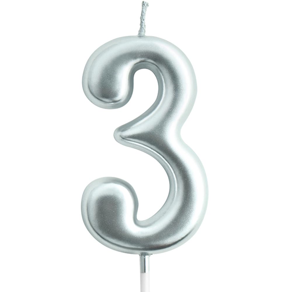 eusbon 3rd Birthday Candle, 2.76 Big Size Number Candle for Cake Decoration, Birthday Party, Wedding Anniversary, Silver (Num