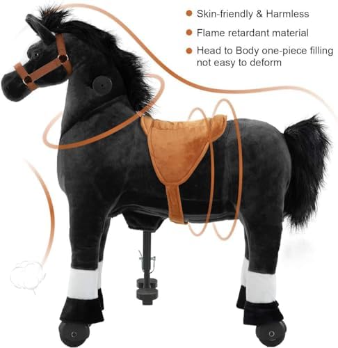 Pipleo Ride on Horse for Kids, Plush Mechanical Animal, M Size for Age 4-9, Black, No Battery, Max Load 165 LBS