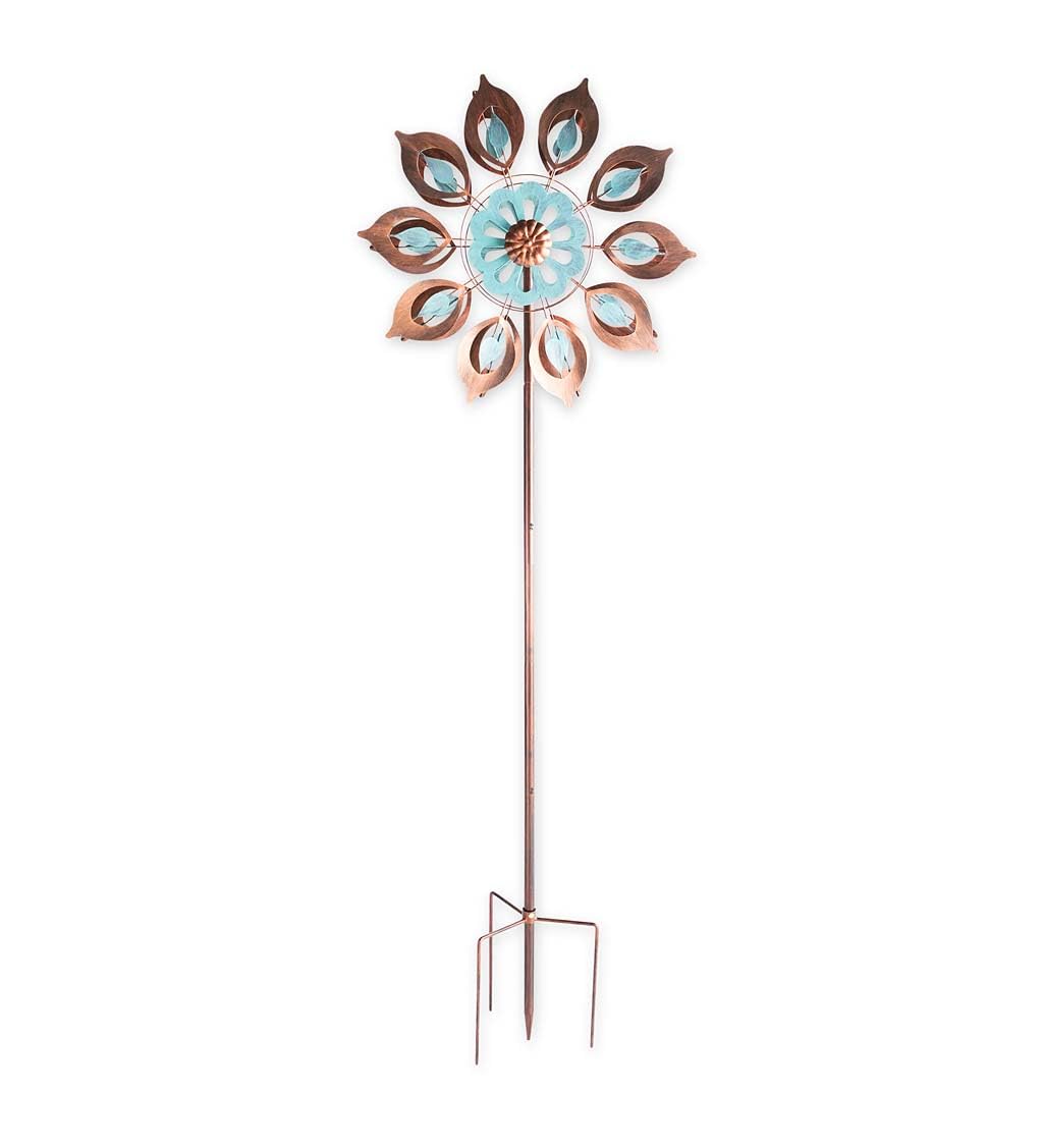 Mesmerizing Copper Lily Wind Spinner Dual-Tone | Petal-In-Petal Design | Independent Rotors | Brushed Copper & Antique Blue |All