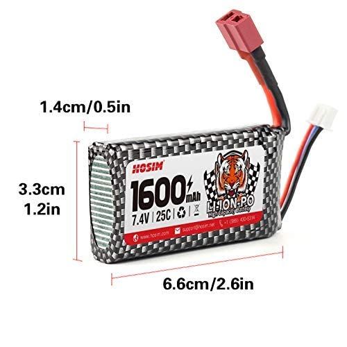Hosim 7.4V 1600mAh 25-DJ02 RC Car LiPo Battery & USB, Spare Replacement Parts Assessory S920 9125 HB101/HM101/HM103/HM121/HM124/