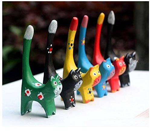 Set Of 6 Long Tail Kitty Cat Figurine Decorative Carved Wooden Cat Fgiures Kitties Statue Sculpture 4.25' Tall, Animal Cat Kitty Figurine Collection For Cat Lovers, Girls