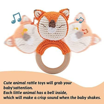 Wooden Baby Rattle Crochet Fox Baby Toys Handmade Newborn Toy Early Development Grips Stuffed Animal Organic Rattle