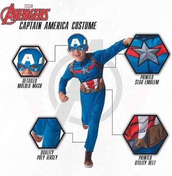 Marvel Captain America Official Youth Value Costume - Full-Bodied Fabric Jumpsuit With High-Resolution Printed Design And Plasti