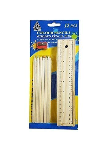 A S Handicrafts Wooden Pencil Set | Box with 12 Different Crayon Colour Pencils | Scale (Ruler) and Wooden Sharpener Pencil Box