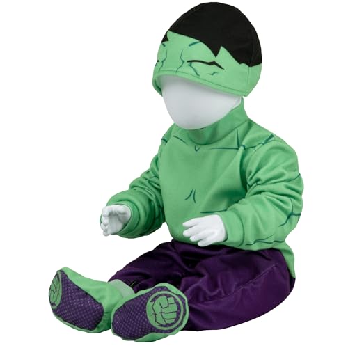 Marvel Hulk Official Infant Halloween Costume - Premium Quality Minky Fabric Jumpsuit And Non-Slip Booties (12-18M) Green