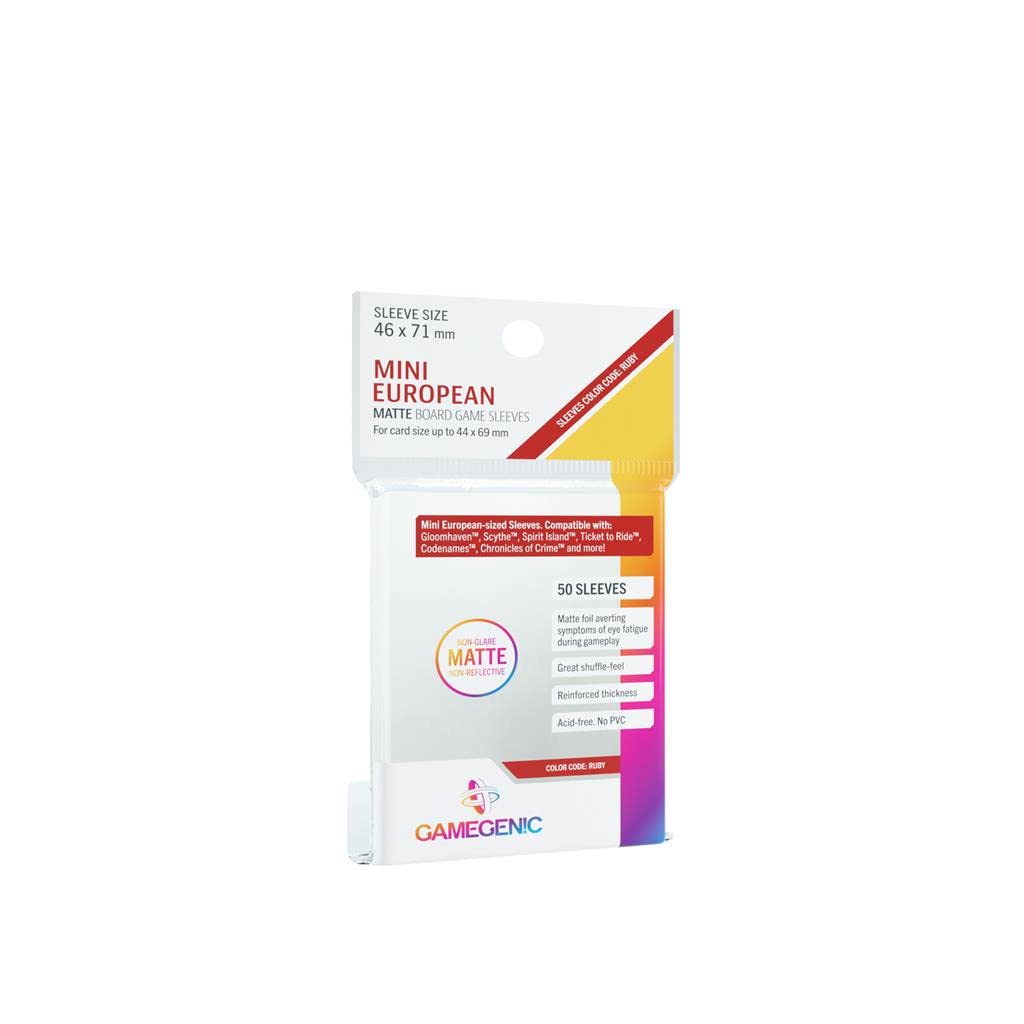 Matte Board Game Sleeves Pack of 50 Matte Sleeves 46 by 71 mm Card Sleeves Optimized for Use with Mini European Card Games enhanced Card Protection FFG Ruby Color Code Made by Gamegenic