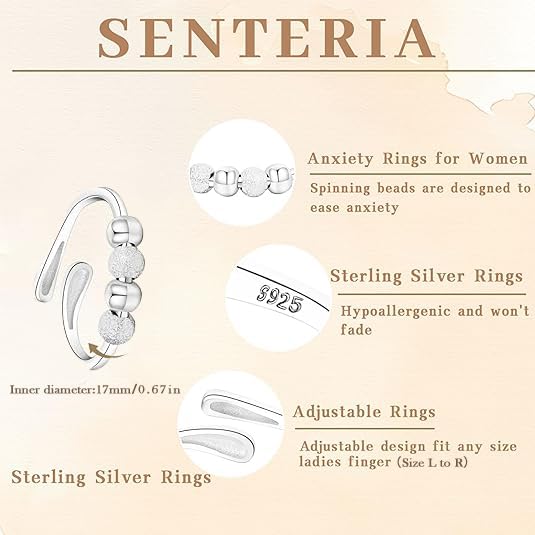Senteria Anxiety Rings for Women Sterling Silver Rings Adjustable Stress Spinner Rings with Beads Fidget Rings for Anxiety Women