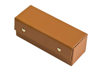 Alex Cramer Spinner Domino Set - Caramel Leather Case, 28 Double Six Dominoes, Model 444, Travel-Friendly