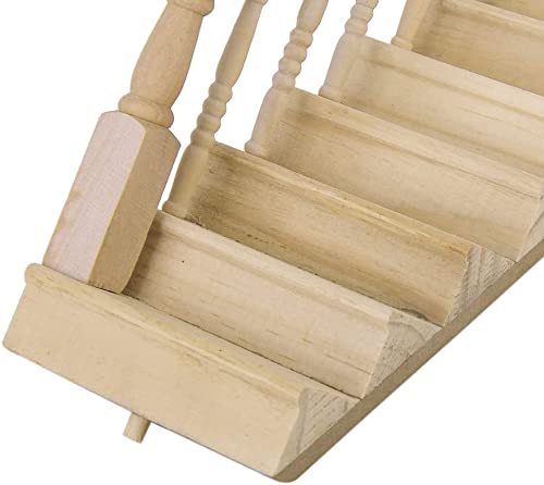 Miniature Stairs 1:12 Scale Dollhouse Furniture Wooden Handrail Diy Unpainted Staircase Dollhouse Accessories Pre-Assembled Steps Model (Left-Handrail)