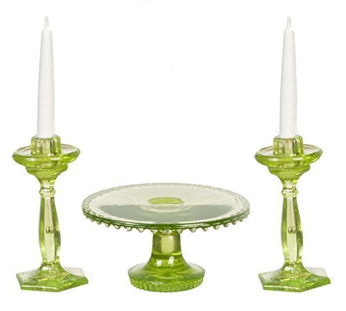 Dollhouse Miniature Chrysnbon Cake Plate with 2 Candles in Green