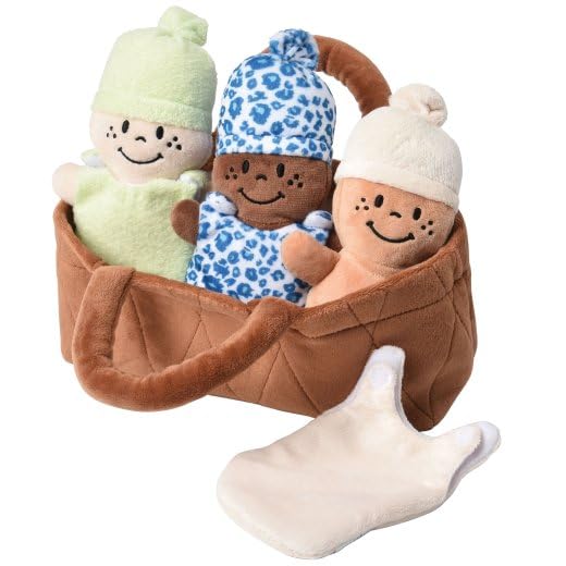 Creative Minds Basket Of Babies With 3 Super Soft 9'' Plush Doll Toys For Babies And Kids, Plush Multicultural Sensory Babies Toy Set With Basket, Green, White, Blue, Mtc-638