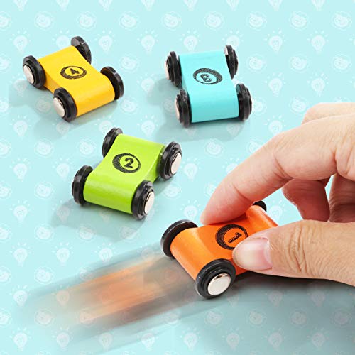 TOP BRIGHT Wooden Car Ramp Race Track Toy with 12 Replacement Cars - Yellow Toddler Playset for Kids