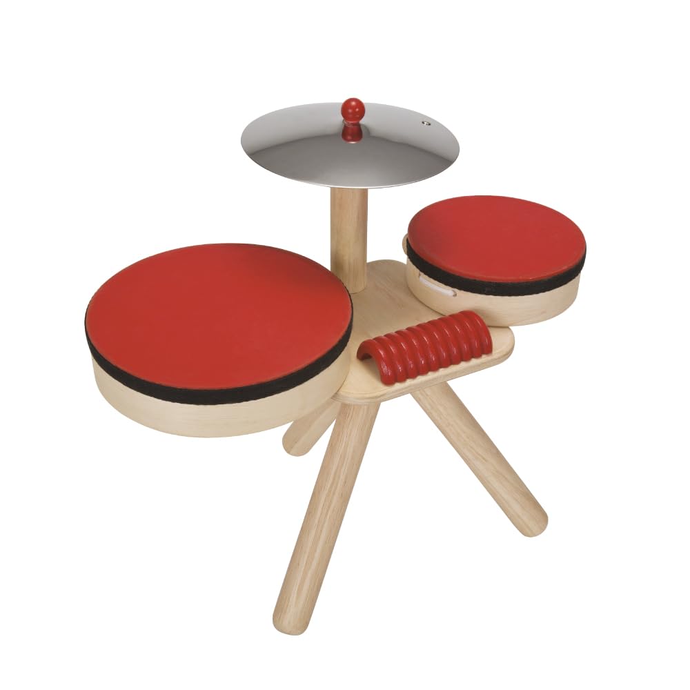 PlanToys Musical Band Toddler Drum Set Sustainably-Made with 2 Different-Sized Drums, Pair of Rubber-Coated Drumsticks, Cymbal,