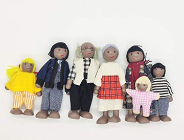 ERANCE 7 Pcs African American Wooden Dollhouse Family Set Dollhouse Dolls Family Role Play Pretend Play Figures