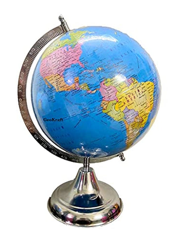 Geokraft Political Educational 8 Inch Rotating World Globe With Nickel Plated Metal Base,Blue,Pack Of 1 Set