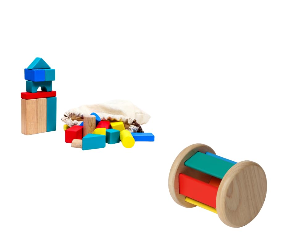 DBeb Playtime Set Wooden Baby Rattle & 48Piece Building Blocks | Sensory & Montessori Toys For Toddlers 1+ | Cognitive, Motor