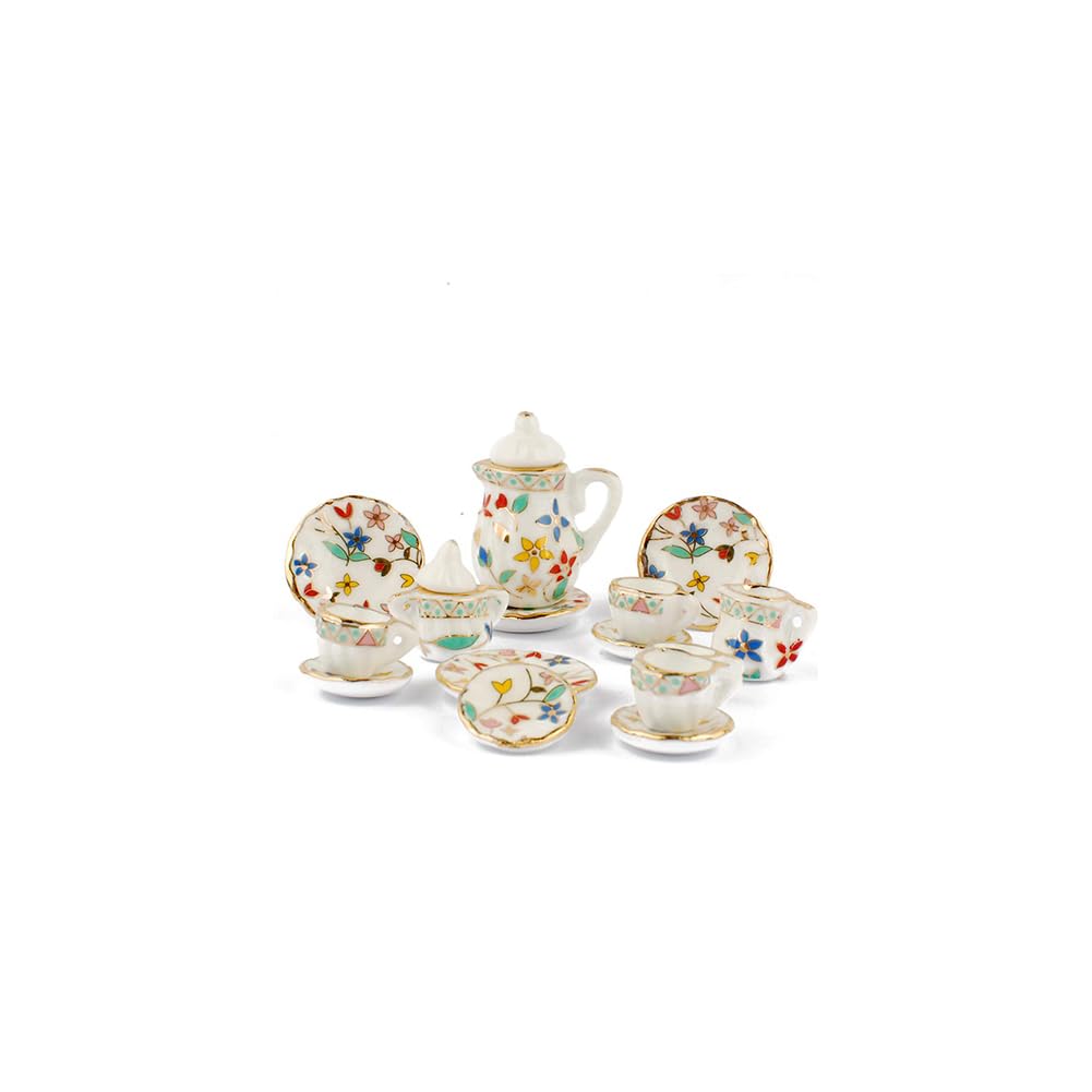 BAENRCY 1 Set 15 Pieces 1:12 Ceramics Tea Cup Set Lovely Dollhouse Decoration Set Dollhouse Kitchen Accessories (#3)