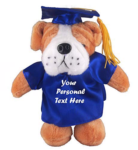 Plushland Plush Stuffed Animal Toys 12 Inches Present Gifts for Graduation Day Personalized Text Name or Your School Logo on Gown Best for Any Grad School Kids (Graduation Bulldog Blue Gown)