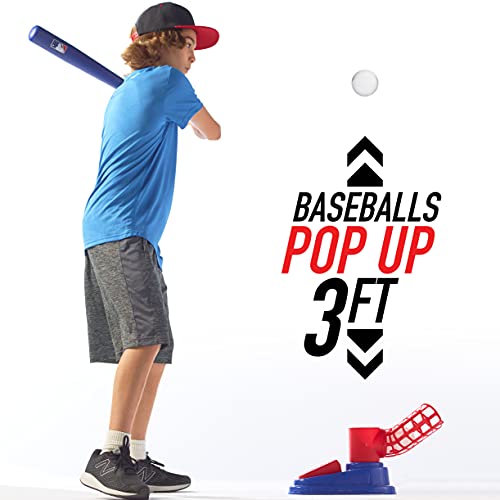Franklin Sports Kids Baseball Pitching Machine - Pop A Pitch Baseball Batting Machine With Youth Bat + 3 Plastic Baseballs - Boys + Girls Baseball Toy,Red/Blue