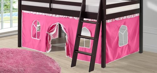 Roxy Twin Wood Junior Loft Bed - Espresso With Pink And White Playhouse Tent, Secure Guardrails, Versatile Ladder, Machine Washa