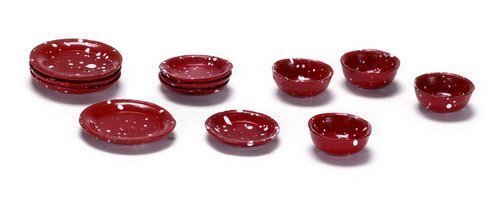 Melody Jane Dolls Houses Dollhouse Miniature 1:12 Scale 12 Pc RED Spatter Dishes Set #Ma1166r