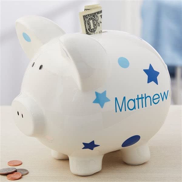 Personalization Universe Ceramic Piggy Bank For Kids, Baby Boy Polka Dots & Stars Design, Customizable With Any Name, Perfect Mo