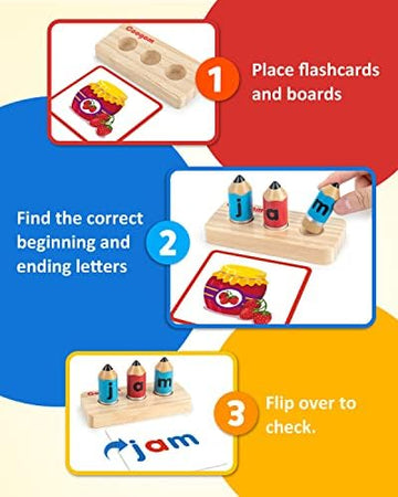 Coogam Wooden Short Vowel Spelling Games Learn to Spell CVC Sight Words Educational Flashcards Fine Motor Montessori Alphabet Toy Gift for Kids 3 4 5 Years Old