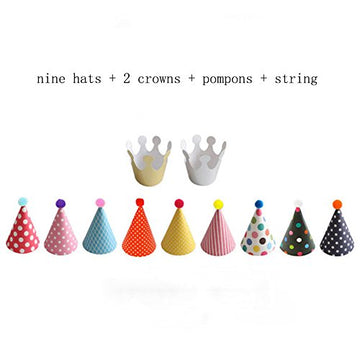 JiaHui Party Hat Set of 9 Hats and 2 Crowns with 9 Pompons for Children Birthday New Year
