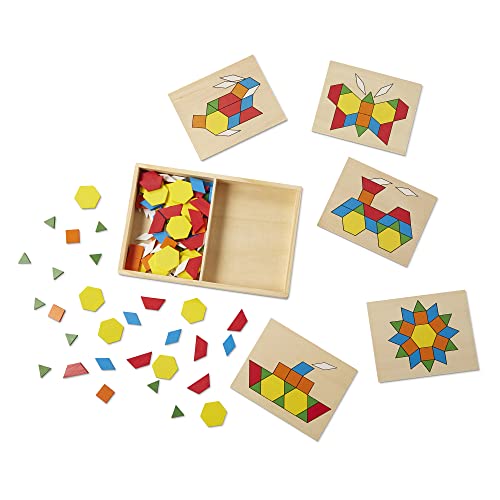 Melissa & Doug Pattern Blocks And Boards - Classic Toy With 120 Solid Wood Shapes And 5 Double-Sided Panels, Multi-Colored