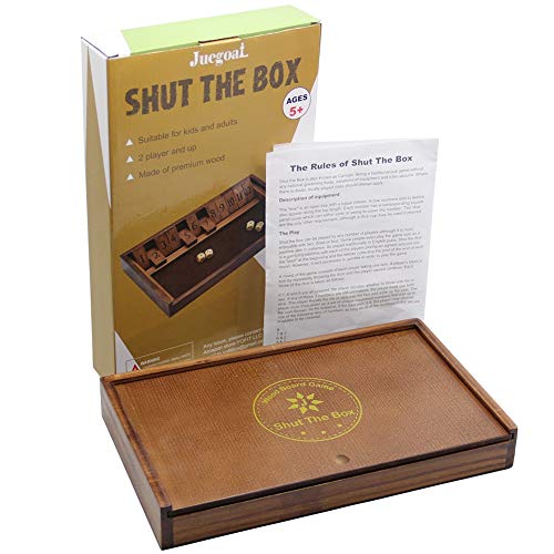 Juegoal Shut The Box Wooden Board Dice Game With 12 Numbers And Lid For Kids Adults Families, 2 Players And Up