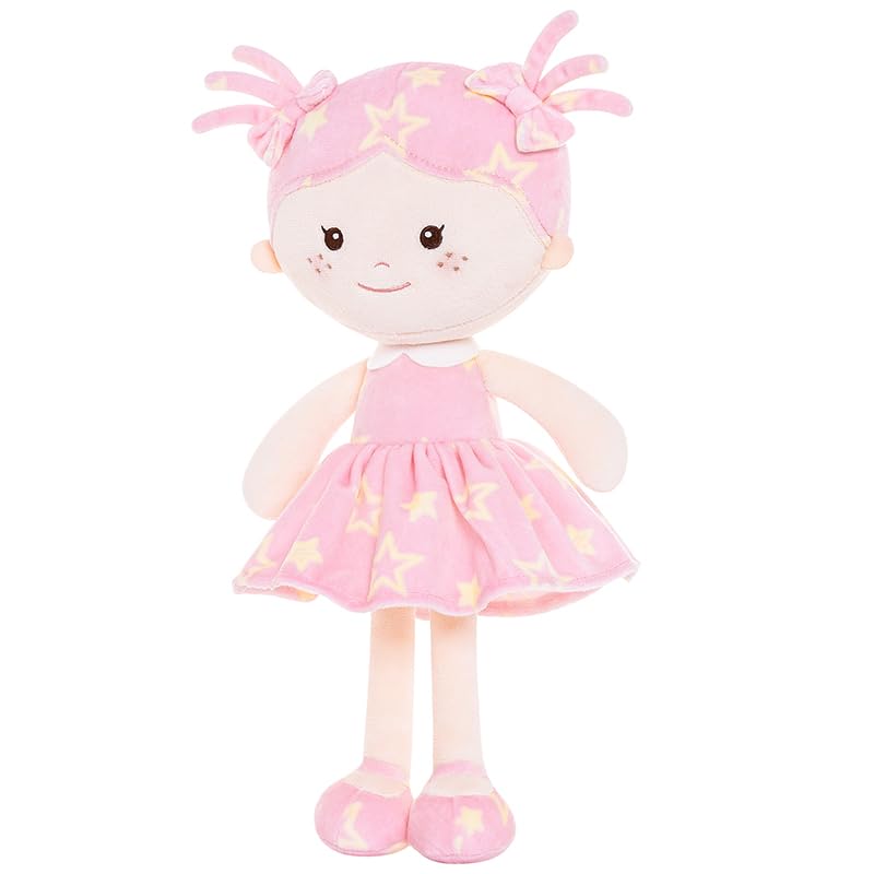 Onetoo First Baby Doll Plush Baby Girls Dolls Rag Doll Soft Baby Doll For Girls Sleeping Cuddle Buddy Doll Wear Star Pink Sleeveless Dress 14'