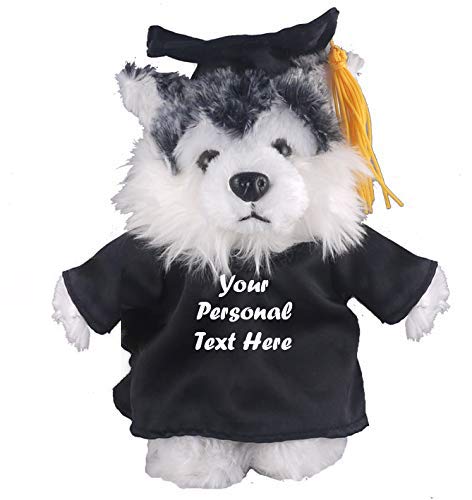 Plushland Plush Stuffed Animal Toys 8 Inches Present Gifts for Graduation Day Personalized Text Name or Your School Logo on Gown Best for Any Grad School Kids (Graduation Husky Black Gown)