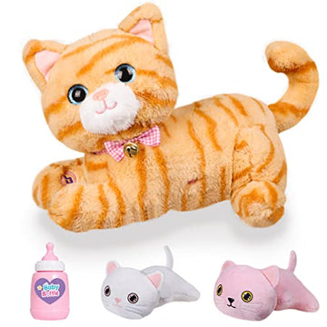 Plush Cat Toy Nursing Stuffed Animal Set, Singing, Barking, Plush Kitty Mommy Cat with 2 Little Plush Baby Kittens Christmas and
