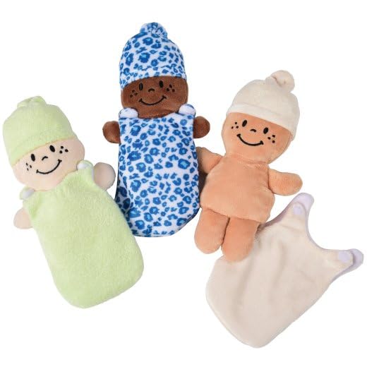 Creative Minds Basket Of Babies With 3 Super Soft 9'' Plush Doll Toys For Babies And Kids, Plush Multicultural Sensory Babies Toy Set With Basket, Green, White, Blue, Mtc-638