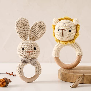 Wooden Baby Rattle Crochet Bunny and Lion Baby Toys Handmade Newborn Toy Early Development Grips Stuffed Animal Organic Rattle (