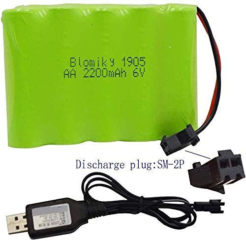 Blomiky 6V 2200mAh Ni-MH 5 AA Rechargeable Battery Pack with SM-2P Black 2 Pin Connector Plug and USB Charger Cable for RC Truck